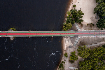 Aerial view of the bridge in Kyiv over river Dnieper in Ukraine.