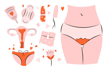 Menstruation theme. Period. Various feminine hygiene products. Zero waste objects. Panties, pads, cups. Menstrual protection, feminine hygiene. Hand drawn vector illustration. Isolated on white