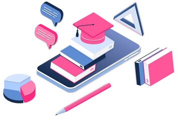 Obraz premium Modern 3d isometric concept of Online Education for banner website. Realistic landing page template vector illustration online learning, internet course, remote, tutorial on mobile phone application.