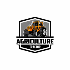 yellow agricurtural tractor logo vector with emblem style