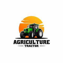 Green agricultural tractor with sky background logo design - obrazy, fototapety, plakaty