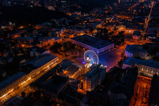 Aerial night view of the the Kyiv city center at night. Top view near the Independence Maidan at Kiev, Ukraine. © ingusk