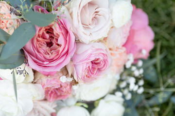 wedding bouquet of roses, pink and white flowers
