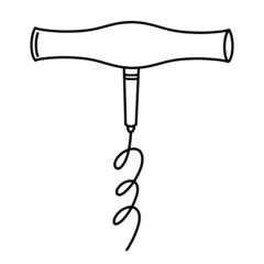 Corkscrew vector icon. Hand-drawn illustration isolated on white background. Opener for wine or champagne. Metal spiral and wooden handle. Kitchen tool sketch, monochrome doodle. Simple clipart.