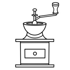 Retro manual coffee grinder vector icon. Hand-drawn illustration isolated on white background. Vintage sketch of a bean mill, outline of an antique kitchen tool with a wooden handle. Simple doodle.