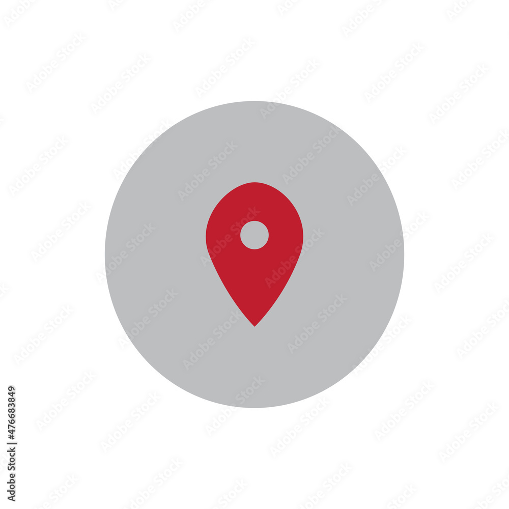 Poster geolocation sign. red icon in lilac circle. pin point. flat logo. app button. geo tag. vector illust