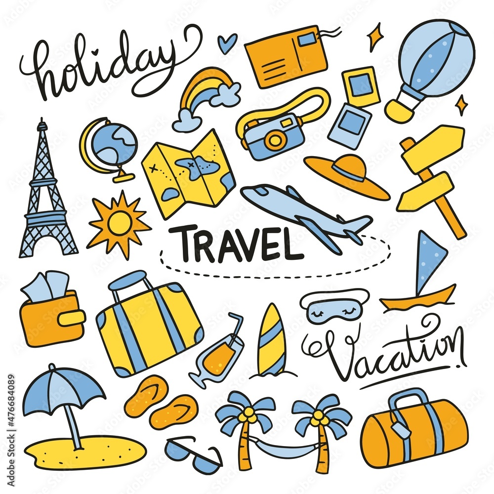 Wall mural travel related object in hand drawn doodle style vector illustration