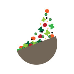 Obraz premium Deep salad plate icon. Colored sign. Cooking process. Falling leaves. Healthy meal. Vector illustration. Stock image. 