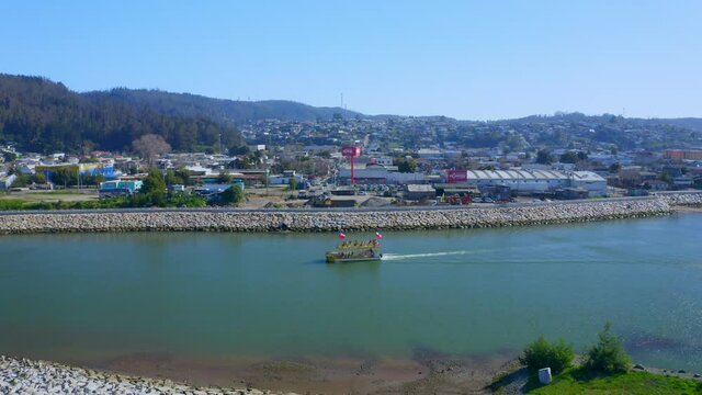 city of constitucion region of maule, talca santiago de chile drone shot boat and River