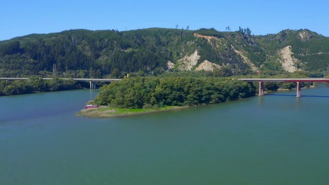 maule river bridge constitution city maule region, talca santiago de chile drone shot orbital 