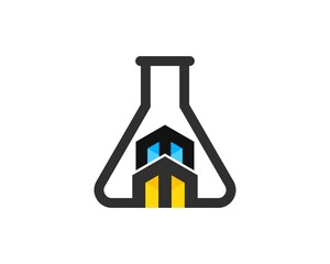 Triangle bottle laboratory with abstract building inside
