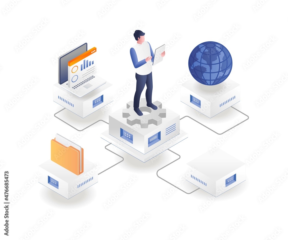 Poster Man controlling data computer work with smartphone