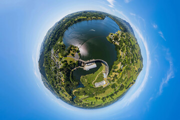 Aerial drone tiny planet globe sphere view over Lake Karapiro, in the Waikato region of New Zealand