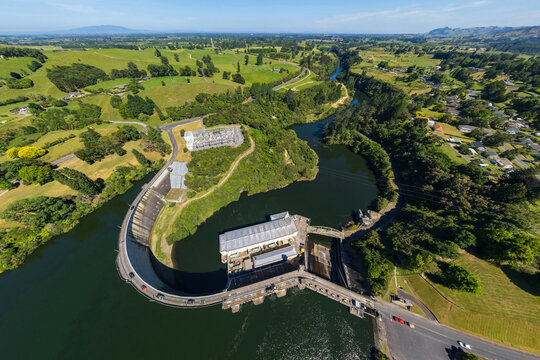 Aerial drone panoramic view over Lake Karapiro and the Karapiro Dam on the Waikato River, in the Waikato region of New Zealand