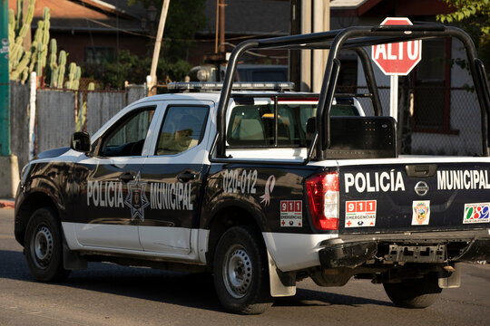 Tecate, Baja California, Mexico - September 14, 2021: Late Afternoon Sun Shines On A Municipal Police Truck.