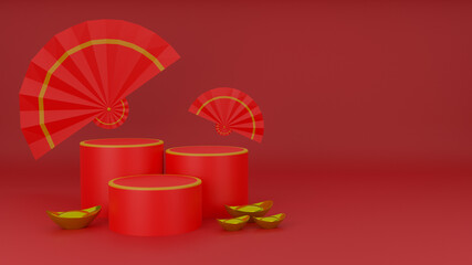 Happy chinese new year background for premium products display, podium with folding fan and chinese gold nuggets on red background. 3d rendering