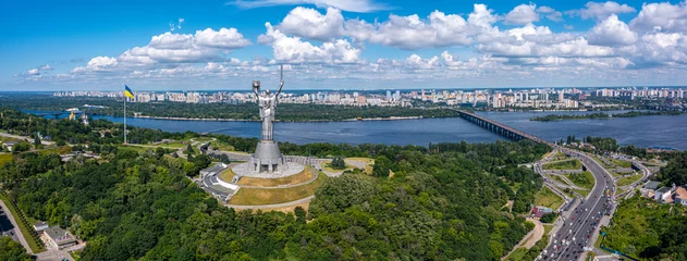 Foto auf Acrylglas Kiew Aerial view of the Mother Motherland monument in Kiev. Historical sights of Ukraine. Beautiful scenic view of Kyiv.