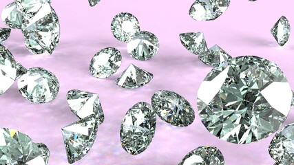 Shiny Diamonds falling under light pink lighting. 3D illustration. 3D CG. 3D high quality rendering.