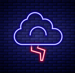 Glowing neon line Storm icon isolated on brick wall background. Cloud and lightning sign. Weather icon of storm. Colorful outline concept. Vector