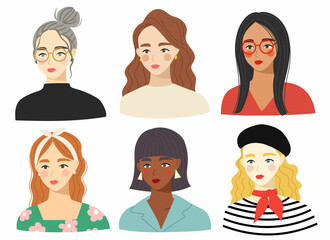 set of women vector illustration. Different beauty. Women avatars. Various races and nationalities. Colored hand drawn vector illustration.