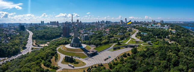 Aerial view of the Mother Motherland monument in Kiev. Historical sights of Ukraine. Beautiful scenic view of Kyiv.