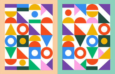 Modern grid flyer with geometric shapes, geometry graphics and abstract background vector set. Color neo geo poster. Geometry grid pattern banner.