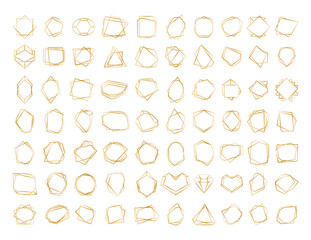 Collection of gold polygonal linear frames of various shapes. Decorative objects in the art deco style.