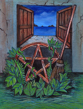 Art fancy brom with pentacle in the witch room. Hand painting on canvas.