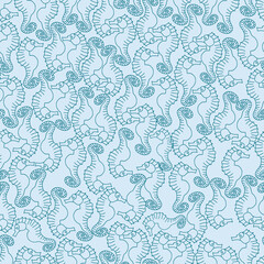 Nautical theme seamless pattern with seahorse festival variety on sky blue background.