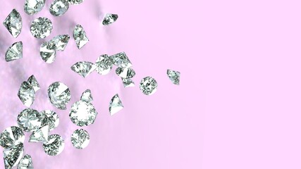 Shiny Diamonds falling under light pink lighting. 3D illustration. 3D CG. 3D high quality rendering.