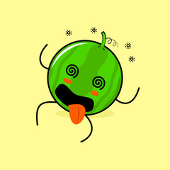 cute watermelon character with dizzy expression, rolling eyes, lie down and tongue sticking out. green and yellow. suitable for emoticon, logo, mascot