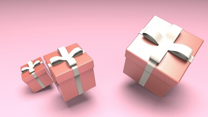 Fototapeta na wymiar Pink closed gift boxes with silver ribbon on pink background. 3D illustration. 3D CG. 3D high quality rendering.