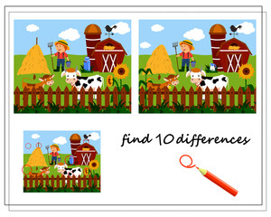A logical game for children to find the differences. Happy farm, cows on the farm, barn and farmer. Vector