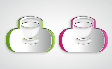 Paper cut Soy sauce in bowl icon isolated on grey background. Paper art style. Vector