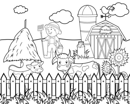 Coloring book for kids. Happy farm, cows on the farm, barn and farmer. Vector isolated on a white background