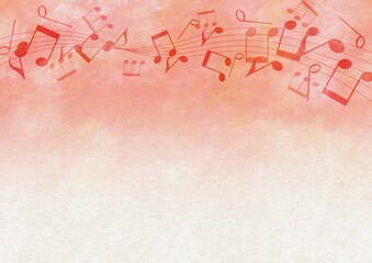 音符が画用紙に描かれた赤いグラデーションの背景、音楽イラスト