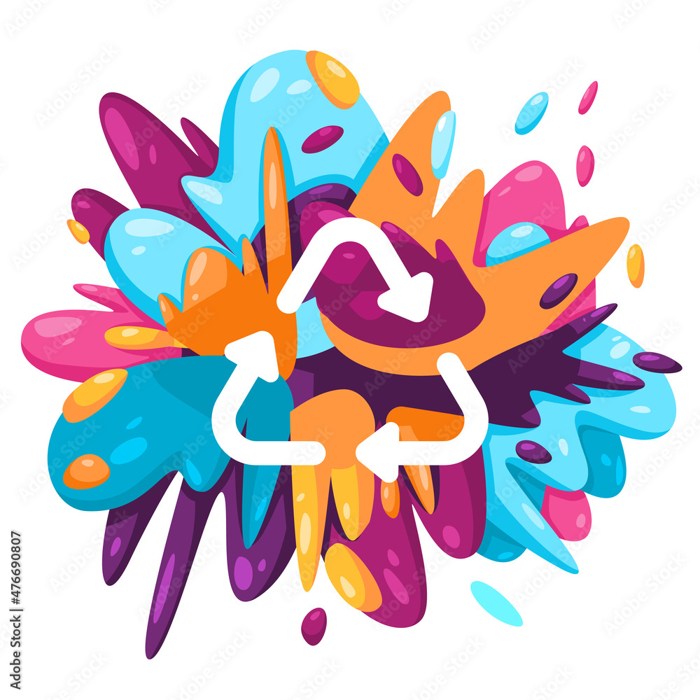 Poster recycle reuse garbage circle trash icon in colorful splat paint liquid splashing ink splash design c