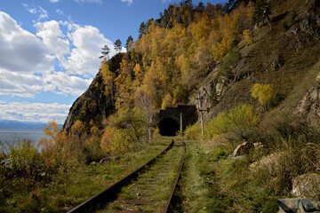 Autumn on the Circum-Baikal railroad on south lake Baikal