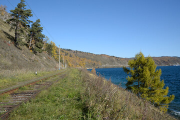 Autumn on Circum-Baikal railroad near lake Baikal