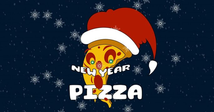 animated logo of New Year's pizza in the form of Santa in a hat