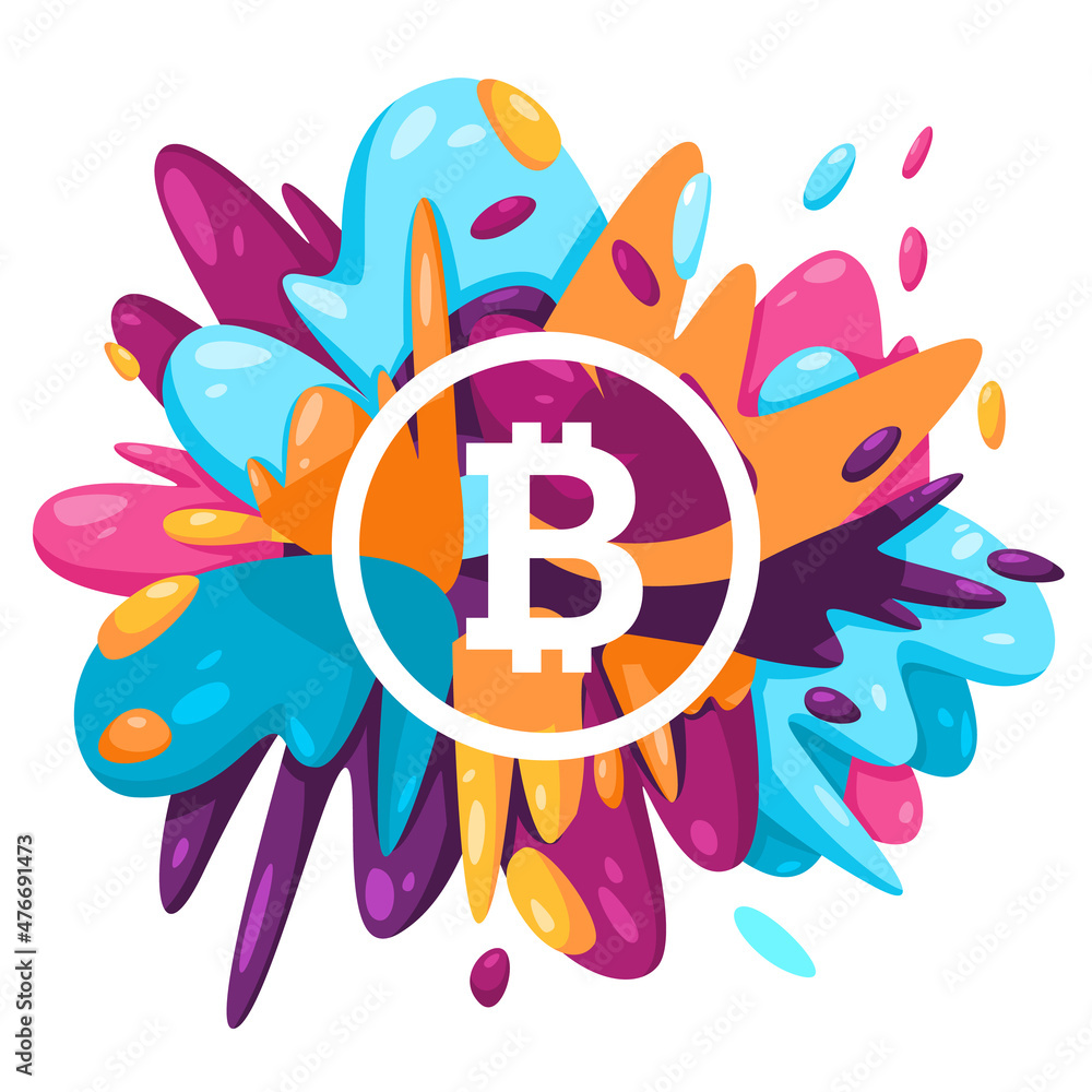 Poster bitcoin currency crypto payment icon in colorful splat paint liquid splashing ink splash design crea