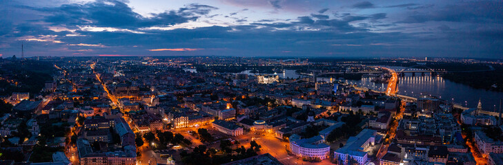Aerial night view of the the Kyiv city center at night. Top view near the Independence Maidan at...