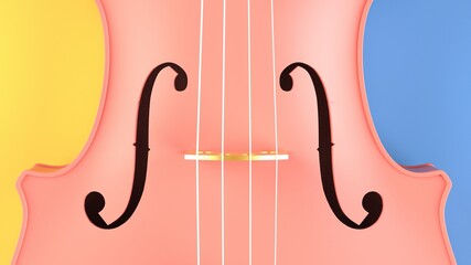 Pink-Gold classic violin on blue-yellow plane under spot lighting background. 3D sketch design and illustration. 3D high quality rendering.