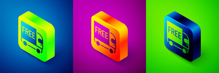 Isometric Free delivery service icon isolated on blue, purple and green background. Free shipping. 24 hour and fast delivery. Square button. Vector