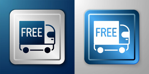 White Free delivery service icon isolated on blue and grey background. Free shipping. 24 hour and fast delivery. Silver and blue square button. Vector