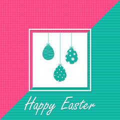 White card with Easter eggs on pink-blue background. Vector illustration.