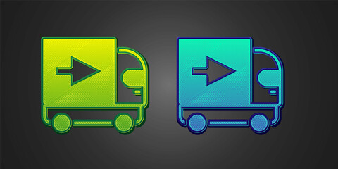 Green and blue Delivery cargo truck vehicle icon isolated on black background. Vector