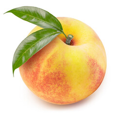 Honey Yellow Peach isolated on white background, Peach fruits with leaf on white background, With clipping path.
