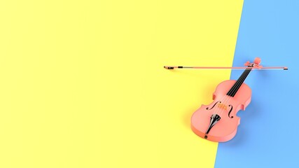 Pink-Gold classic violin on blue-yellow plane under spot lighting background. 3D sketch design and illustration. 3D high quality rendering.