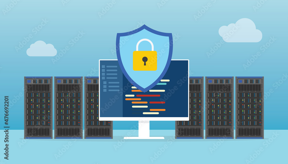 Poster data center security concept with server rack and programming secure sign with modern flat style